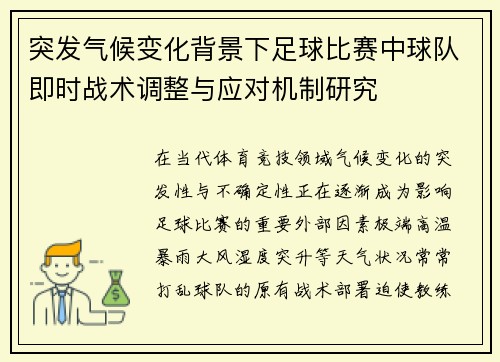 突发气候变化背景下足球比赛中球队即时战术调整与应对机制研究
