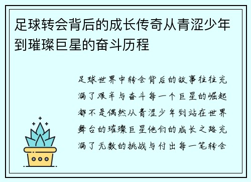 足球转会背后的成长传奇从青涩少年到璀璨巨星的奋斗历程